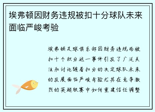 埃弗顿因财务违规被扣十分球队未来面临严峻考验