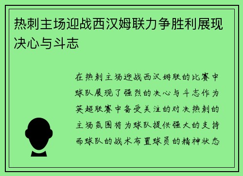 热刺主场迎战西汉姆联力争胜利展现决心与斗志