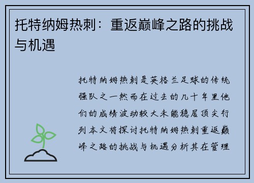 托特纳姆热刺：重返巅峰之路的挑战与机遇
